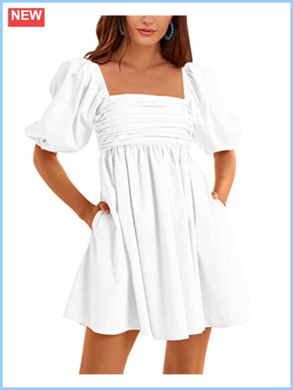 Square Neck Puff Sleeve Smocked Babydoll Mini Dress High Waist A-Line